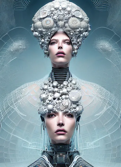 Image similar to portrait of an absurdly beautiful, graceful, sophisticated, fashionable cyberpunk mechanoid, hyperdetailed illustration by irakli nadar and vania zouravliov, matt wisniewski style, intricate linework, white porcelain skin, faberge, tropical fish headdress, unreal engine 5 highly rendered, global illumination, radiant light, detailed and intricate environment