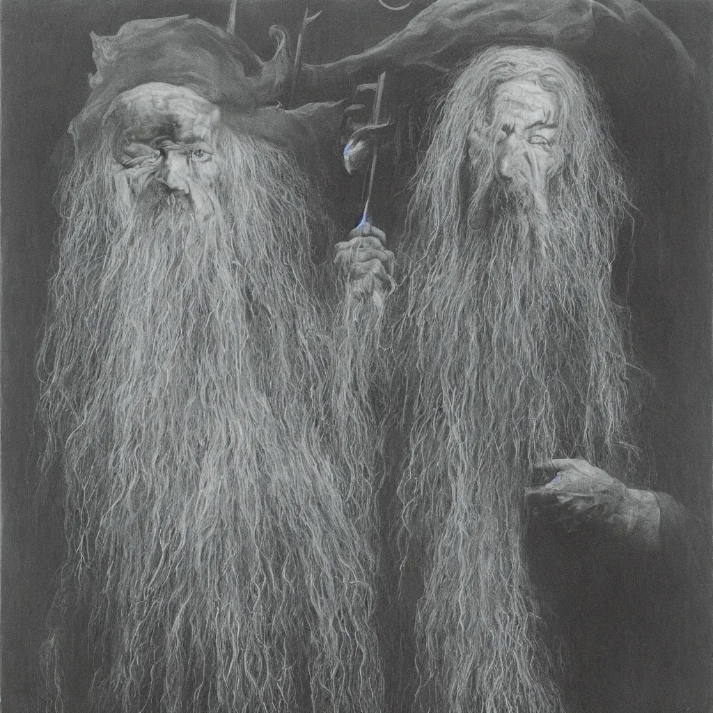 Prompt: Zdzisław Beksiński painting of Gandalf