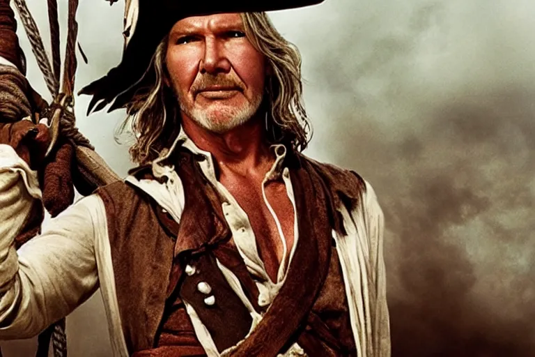 Image similar to promotional image of Harrison Ford as a pirate in the new Pirates of the Carribean movie, realistic, detailed face, movie still frame, promotional image, imax 70 mm footage