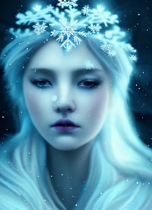 Prompt: a beautiful majestic frozen white queen with snowflakes on her hair, glowing light orbs, intricate concept art, elegant, digital painting, smooth, sharp focus, ethereal mist, deep colors, illuminated lines, outrun, vaporware, dark background, cyberpunk darksynth, ethereal, ominous, misty, 8 k, rendered in octane, by ruan jia and miho hirano