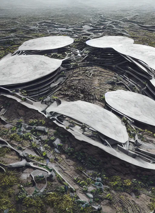 Image similar to bioremediation white mining tailing futuristic horizontal architecture in chuquicamata, epic, cinematic, hyperealistic, high detailed, corona render, hdr, ray tracing