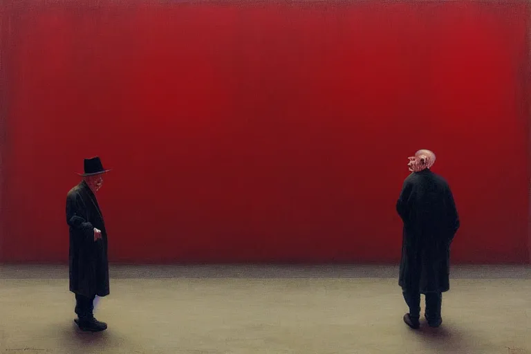 Prompt: only with red, a red old man try to sell a portrait, in a square, crowd cheers, in the style of beksinski, parts by edward hopper, parts by rodcenko, parts by yue minjun, intricate and epic composition, red by caravaggio, insanely quality, highly detailed, masterpiece, red light, artstation, 4 k