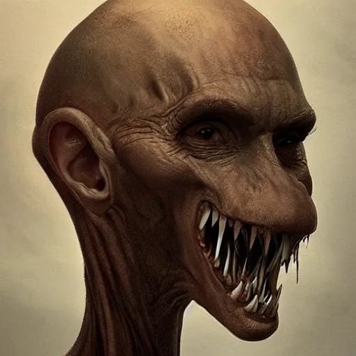 Image similar to A beautiful conceptual art of a giant head. The head is bald and has a big nose. The eyes are wide open and have a crazy look. The mouth is open and has sharp teeth. The neck is long and thin. by Greg Rutkowski, by Francesco Borromini playful