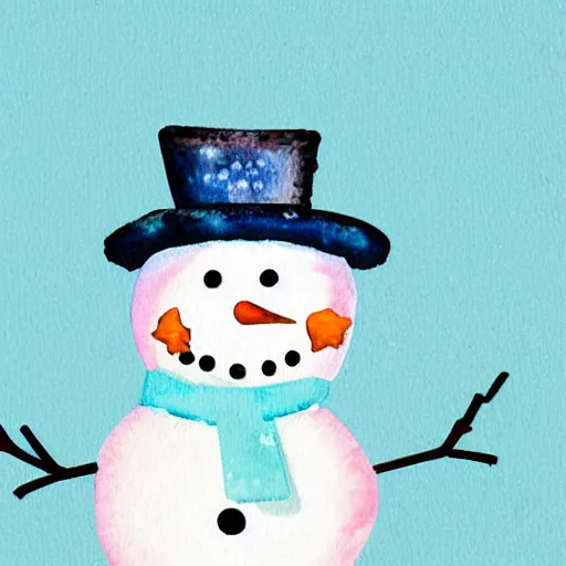 Image similar to snowman with carrot whimsical cute mixed media winter icon collage illustration in soft watercolor style, ice blue cold hues