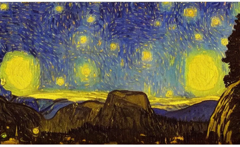 Image similar to yosemite national park at night, painting by van gogh, oil paint,