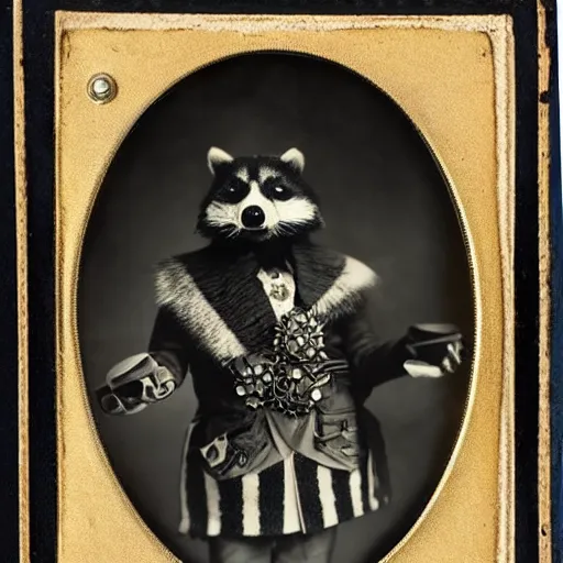 Prompt: vintage photograph of a noble raccoon, dressed in formal military costume with many medals on his chest