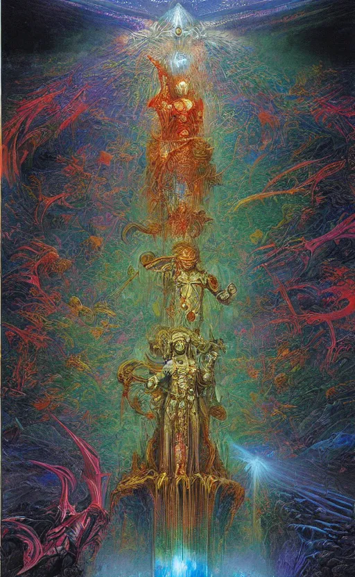 Prompt: epic omnious academic drawing of three levels of wh40k chaotic deities/gods/demiurges organized into a vertical hierarchy in vivid iridescent warp heaven by James Gurney, Zdislaw Beksinski, Alex Gray, Greg Rutkowski, Robert McCall