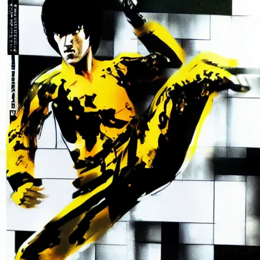 Prompt: a kick by Bruce Lee wearing a yellow jumpsuit fighting Kareem Abdul Jabar by Yoji Shinkawa and Ashley Wood