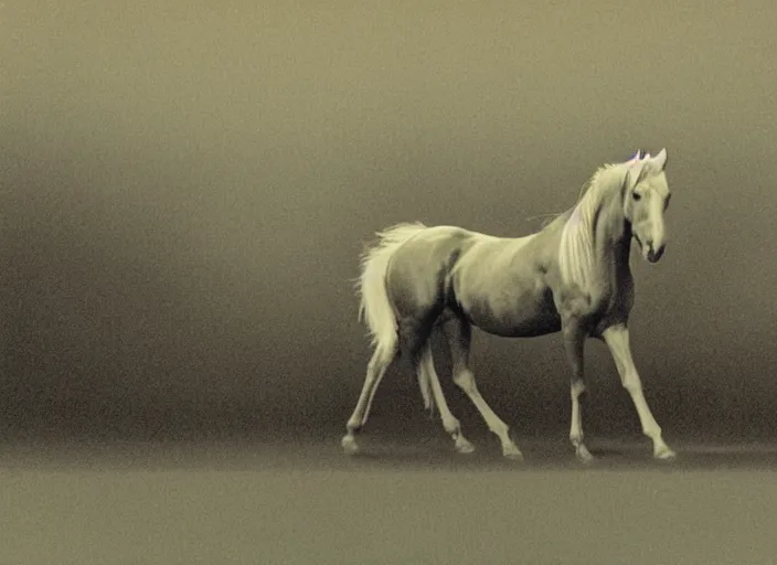 Image similar to an underexposed kodak 500 photograph of morphed north horse, muted color