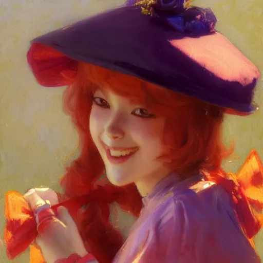 Prompt: a detailed portrait of a cute anime girl on swing, wearing a purple and red dress, wearing a orange hat, smiling coy, painting by gaston bussiere, craig mullins, j. c. leyendecker