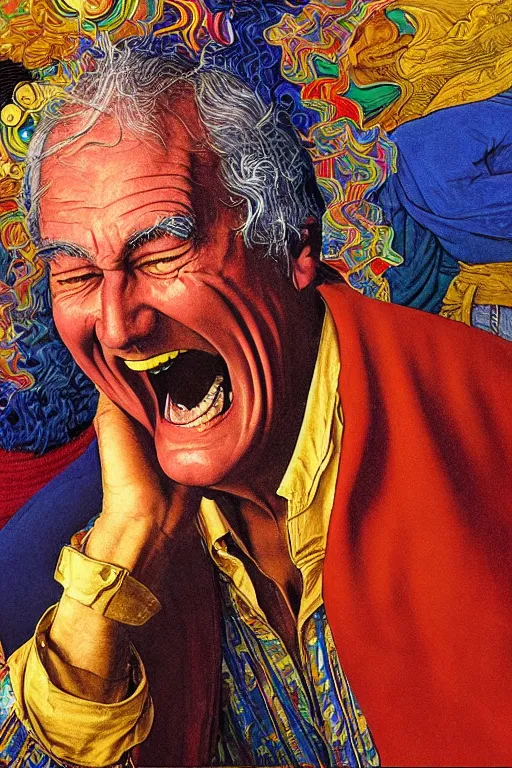 Prompt: an awesome jean giraud portrait of timothy leary laughing hysterically in the style of a renaissance masters portrait, mystical and new age symbolism