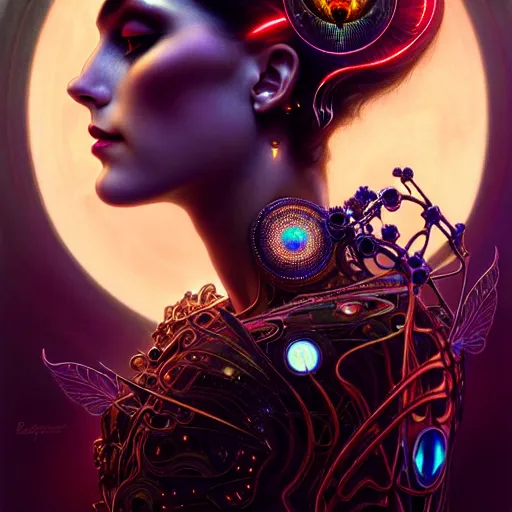 Image similar to extremely psychedelic beautiful cyborg queen of lsd infected by night. intricate, elegant, highly detailed, extremely lifelike photorealistic digital painting, artstation. steichen, gaston bussiere, tom bagshaw, cyberpunk alphonse mucha. elegant minimalism. anatomically correct. sultry. sharp focus. black. surreal lush hallucination