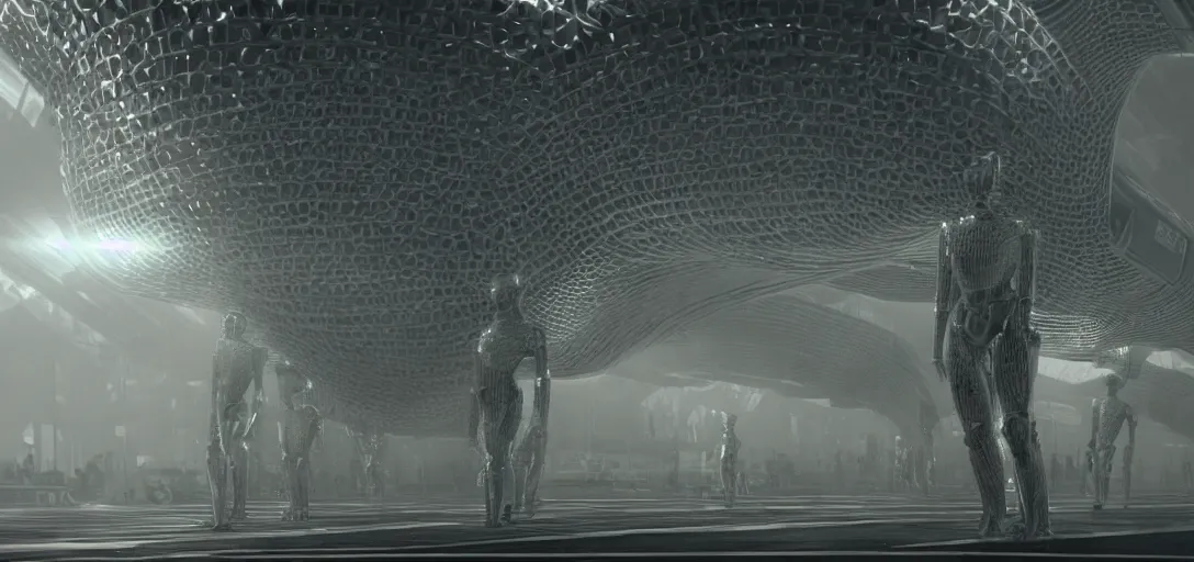 Image similar to a complex organic fractal 3 d metallic symbiotic ceramic humanoid megastructure creature in a train station, foggy, sun rays, cinematic shot, photo still from movie by denis villeneuve, wayne barlowe