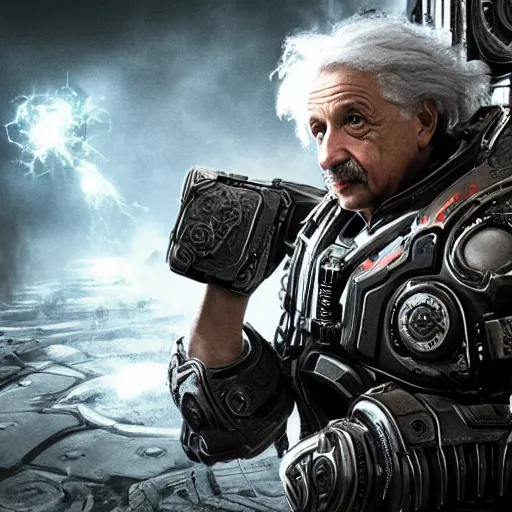 Image similar to Albert Einstein in Gears of War, splash art, movie still, cinematic lighting, dramatic, octane render, long lens, shallow depth of field, bokeh, anamorphic lens flare, 8k, hyper detailed, 35mm film grain