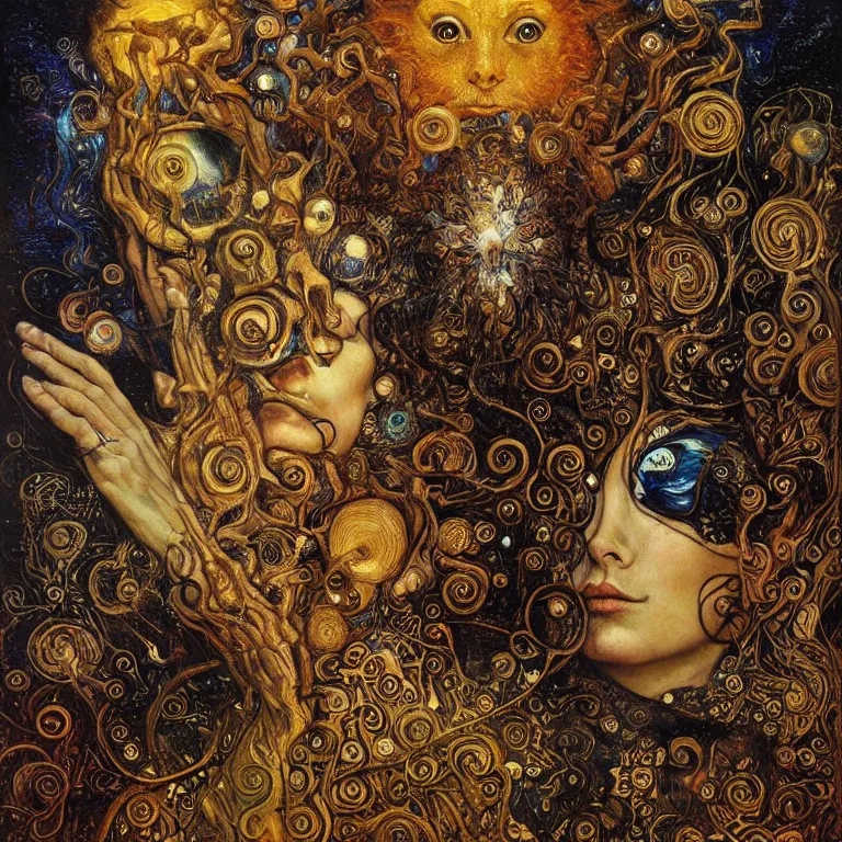 Image similar to Divine Chaos Engine by Karol Bak, Jean Deville, Gustav Klimt, and Vincent Van Gogh, beautiful visionary mystical portrait, sacred, otherworldly, fractal structures, Surreality, ornate gilded medieval icon, third eye, spirals