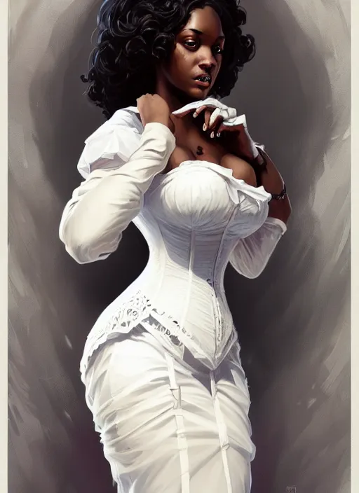 Image similar to cute black woman wearing a white corset dress, fantasy, intricate, highly detailed, digital painting, artstation, concept art, wallpaper, smooth, sharp focus, illustration, art by artgerm and greg rutkowski and alphonse mucha