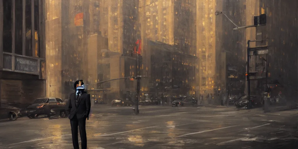 Image similar to beautiful oil matte portrait painting, bearded man in a suit leaning back against a wall in a new york city street at night, detailed face, wonderful masterpiece highly detailed, beautiful cinematic light deep focus, elegant, digital painting, smooth, sharp focus, golden ratio, dramatic illumination, ultra realistic, 8 k, art by jimmy law