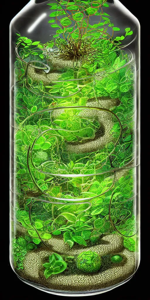 Prompt: graphic of enchanted terrarium, vines wrap around the terrarium, water flows inside the terrarium, digital art, highly detailed illustration, Yoshitaka Amano, golden ratio, rule of thirds