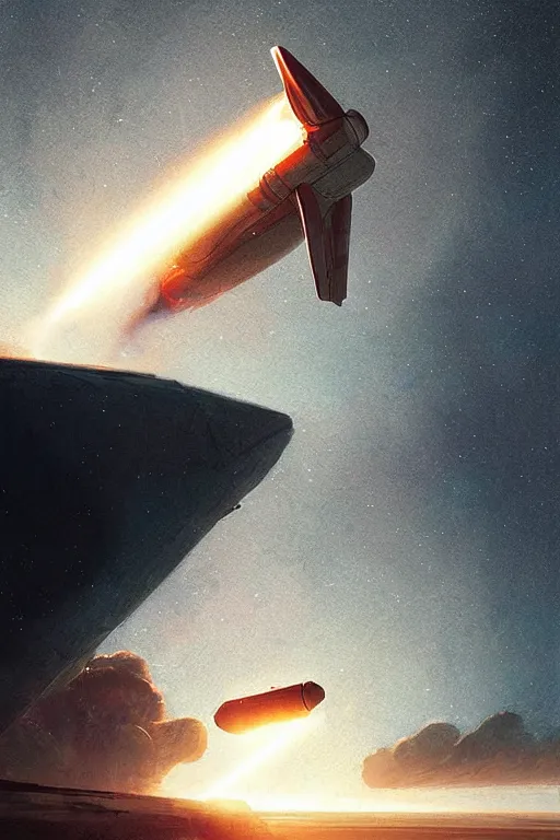 Image similar to poster artwork. distant rocket taking off. on the horizon. during golden hour. symmetry. washed out. desaturated. art by wlop, mars ravelo and greg rutkowski.