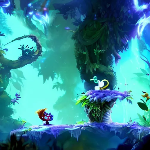 Prompt: rayman in the Ori blind forest