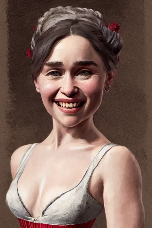 Image similar to Emilia Clarke smiling warmly in a 1800s American Corset in Red Dead Redemption anatomy, only two hands, highly detailed, digital painting, artstation, concept art, smooth, sharp focus, illustration, Unreal Engine 5, 8K, art by art by artgerm and greg rutkowski and edgar maxence