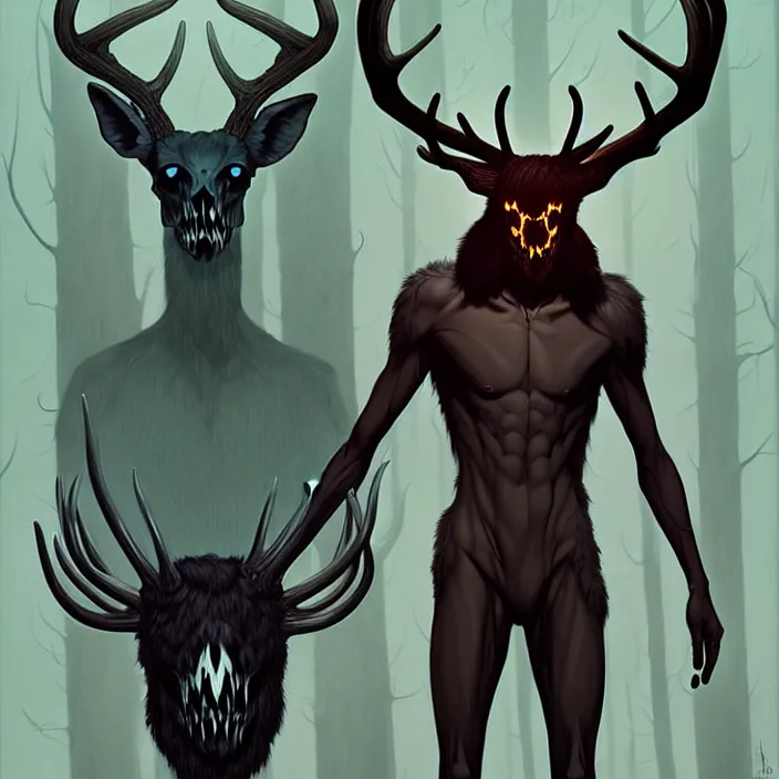 Prompt: rafeal albuquerque comic art, joshua middleton, tim jacobus, artgerm : : wendigo monster with deer skull face, antlers, furry body, tall and lanky : : walking through the forest : : night time : : spooky, scary, fog