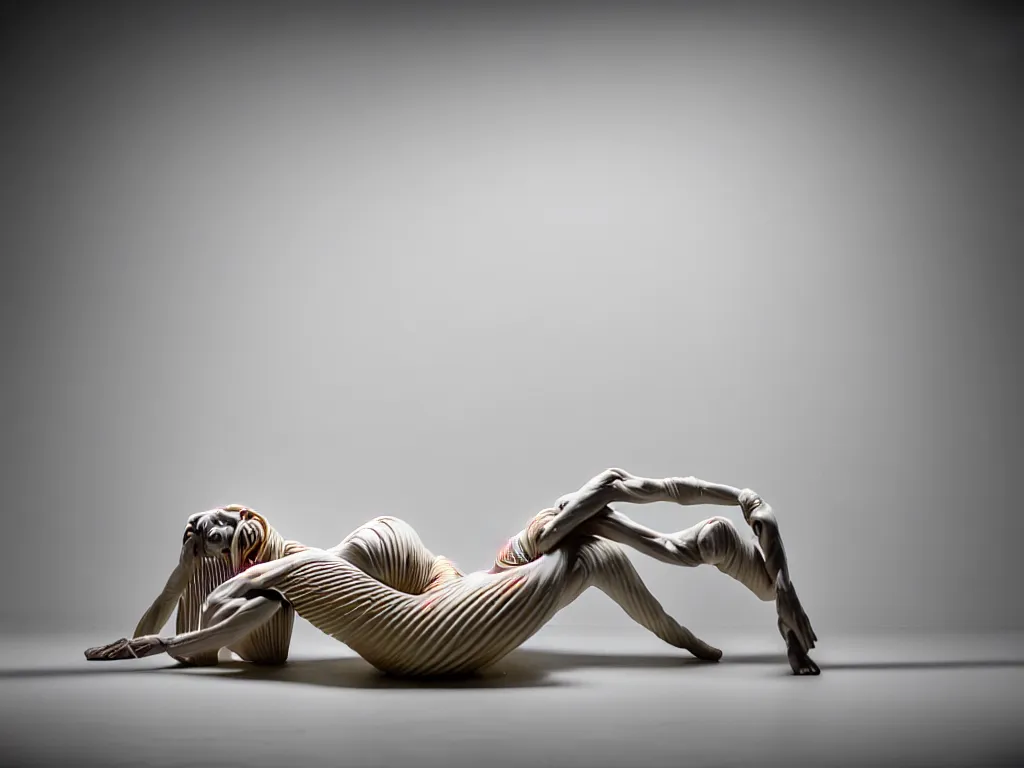 Image similar to a perfect photograph of a woman made of corrugated alabaster. she is floating, contorted and tied in a knot. she has three million legs. perfect focus, studio lighting, maglev chernobyl