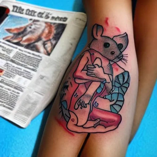 Image similar to tatoo on girl's leg with cute rat reading newspapper sitting on magic mushroom