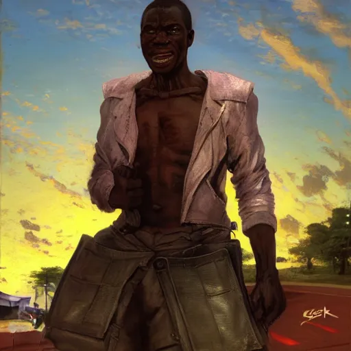 Prompt: an african wheelman peels out of a dennys parking lot, digital painting, masterpiece by rembrandt and thomas kinkade and frank frazetta and kentaro miura, by reiq and tite kubo, stylized yet realistic faces and anatomy, advanced lighting technology, beautiful, gorgeous brush strokes