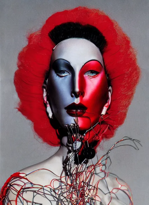 Image similar to an 8 0 s portrait of a woman with dark eye - shadow and red lips with dark slicked back hair, a high fashion mask made of wire and beads, dreaming acid - fueled hallucinations, psychedelic by serge lutens, rolf armstrong, delphin enjolras, peter elson, red cloth background, frilled blooming collar, alexander mcqueen