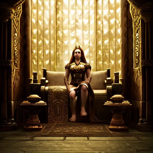 Image similar to the elder scrolls vi, charismatic regal brunette female jarl, portrait, throne room, atmospheric lighting, painted, intricate, volumetric lighting, beautiful, daytime, sunny weather, slight overcast, sharp focus, deep colours, ultra detailed, by leesha hannigan, ross tran, thierry doizon, kai carpenter, ignacio fernandez rios