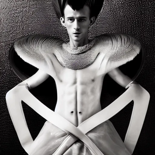 Image similar to a beautiful male dancer wearing iris van herpen couture, photographed by erwin olaf for vogue