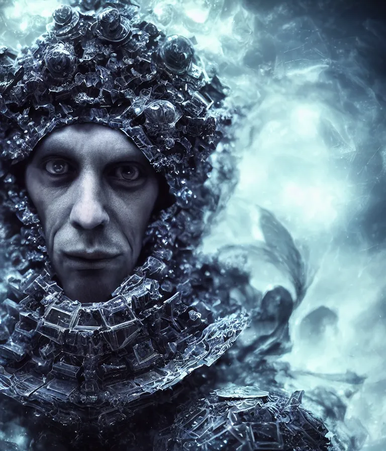 Image similar to impressive ominous front!! shot photo of a court jester character fine portrait fine portrait mesmerizing fractal hyper cubes platinum cracked dark future hyper dimensional space galactic crystal nebula edges elegant detailed intricate concept artstation sharp focus ray tracing cinematic masterpiece temporal corruption beeple wlop germ 8 4 k scifi glossy hyper realistic illustration canon eos r 3 fujifilm x - t 3 0 sony alpha a 6 6 0 0