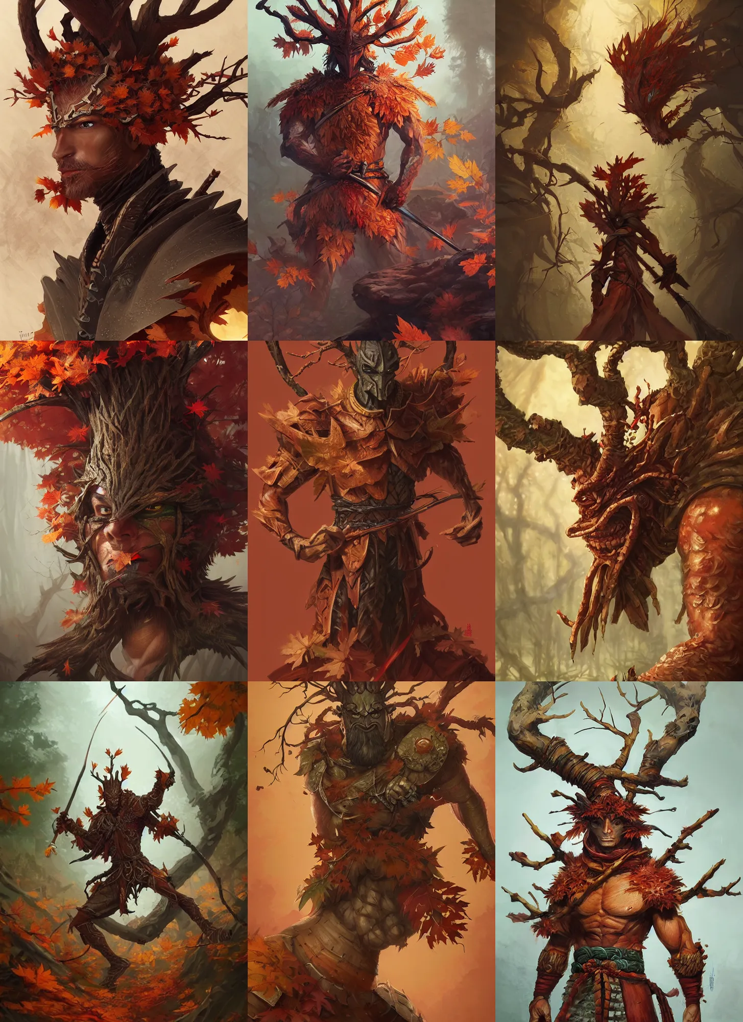 Prompt: autumnal treant samurai, d & d, fantasy, portrait, highly detailed, digital painting, trending on artstation, concept art, sharp focus, illustration, art by artgerm and greg rutkowski and magali villeneuve