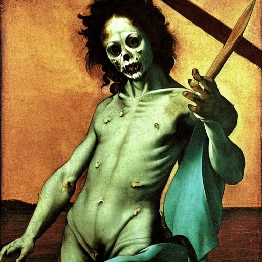 Prompt: painting by caravaggio of a drowned zombie, floating underwater, holding a trident with glowing cyan eyes, wearing ragged clothing, holding a trident, underwater, pastel green and blue color palette