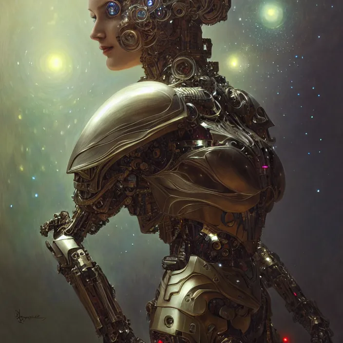 Prompt: organic cyborg with armor made of starlight, diffuse lighting, fantasy, intricate, elegant, highly detailed, lifelike, photorealistic, digital painting, artstation, illustration, concept art, smooth, sharp focus, art by john collier and albert aublet and krenz cushart and artem demura and alphonse mucha