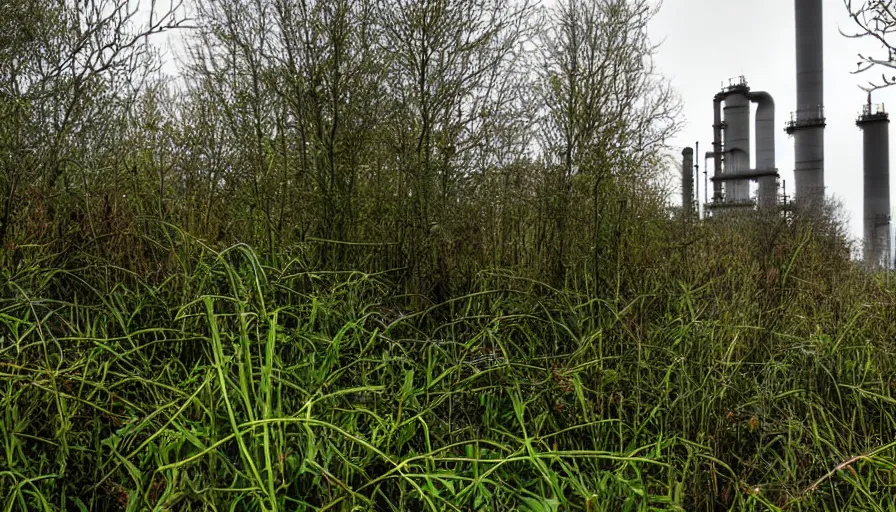 Image similar to industrial refinery rising out of the undergrowth