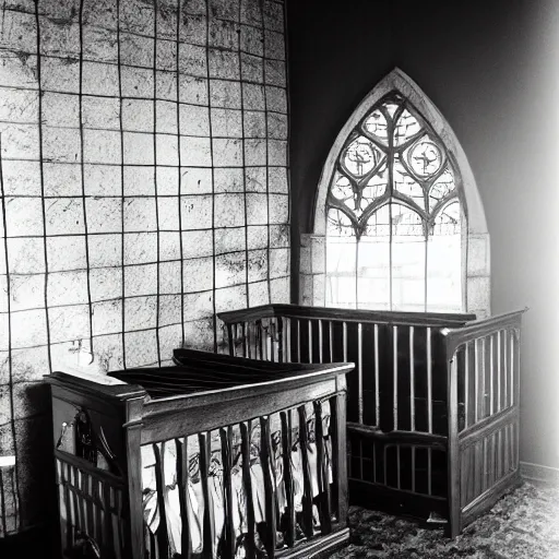 Image similar to creepy church nursery liminal space, dark photograph