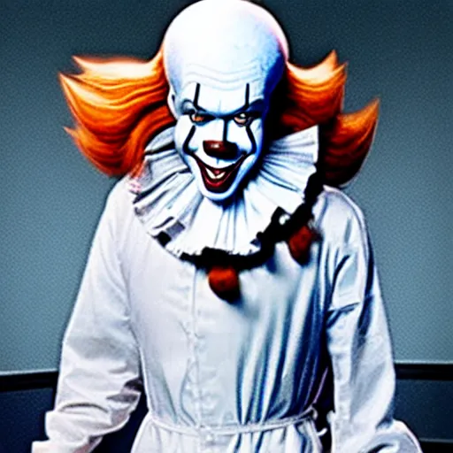 Image similar to a full body photograph of pennywise using a lab coat at a hospital