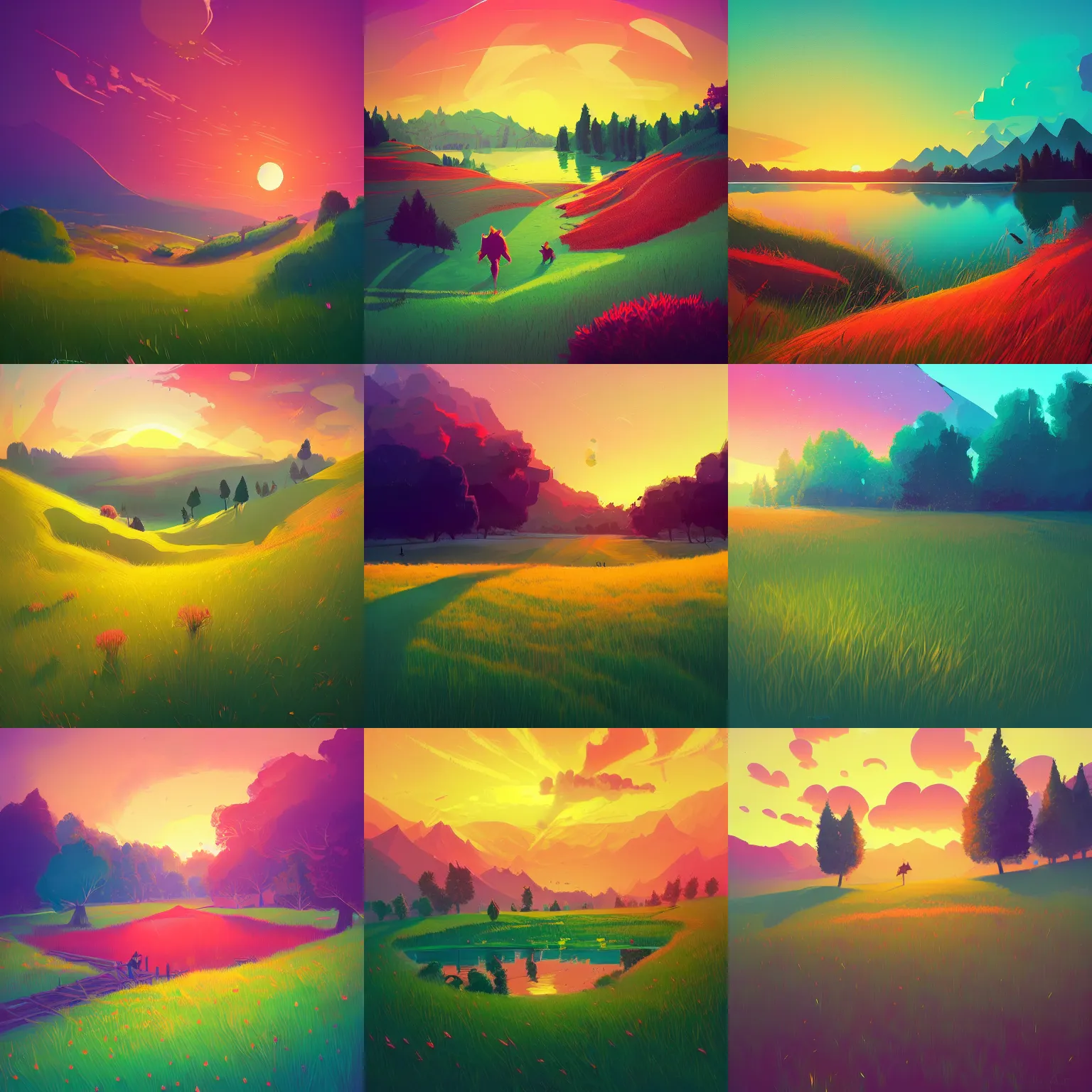 Prompt: a beautiful grassy meadow at sunset, lake, by anton fadeev, digital art, concept art, vibrant, colorful, trending on artstation