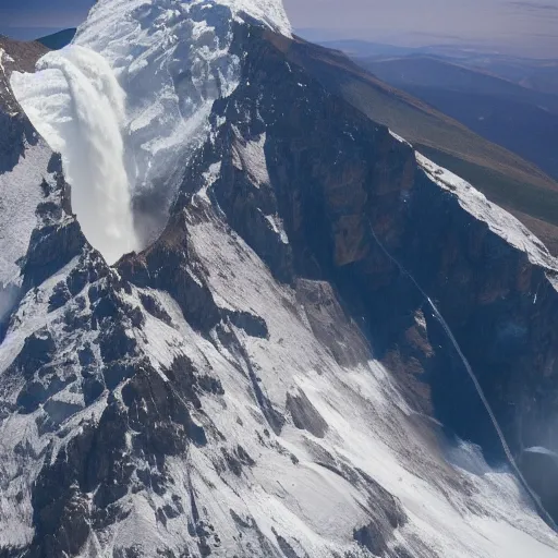 Image similar to very - distant aerial photograph of : a waterfall is falling from the peak of the world's tallest mountain down to a lake surrounded by a city at the base of the mountain. the waterfall is unbelievably tall.