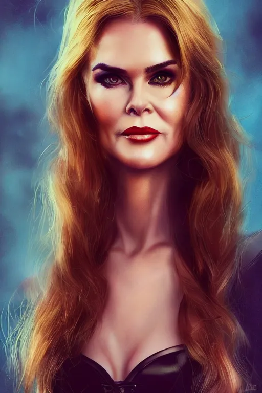 Image similar to portrait of a mix of beautiful young maria shriver, mariel hemmingway, brooke shields, nicole kidman and elle macpherson as catwoman, thin lips, hair tied up in a pony tail, colorful artstation, cgsociety