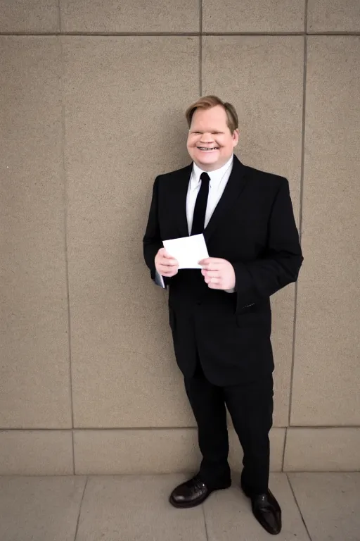 Image similar to full length body shot, andy richter wearing a brown suit and necktie and black boots, ultra hd photo, 3 5 mm close up, fish eye, realistic, smiling, holding a postcard from chicago,