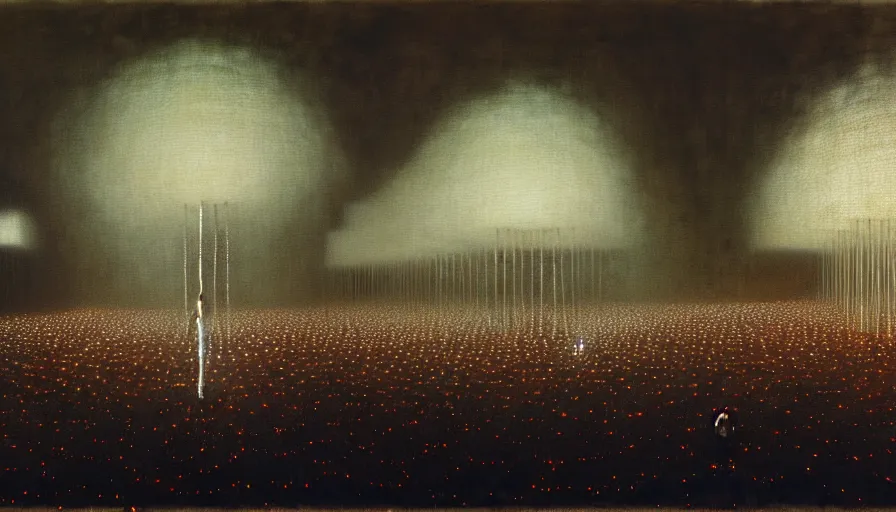 Image similar to detailed painting of rick owens fashion show, exterior, floral ornaments, volumetrics lights, beam of bright lights through the clouds, beksinski, bougeureau