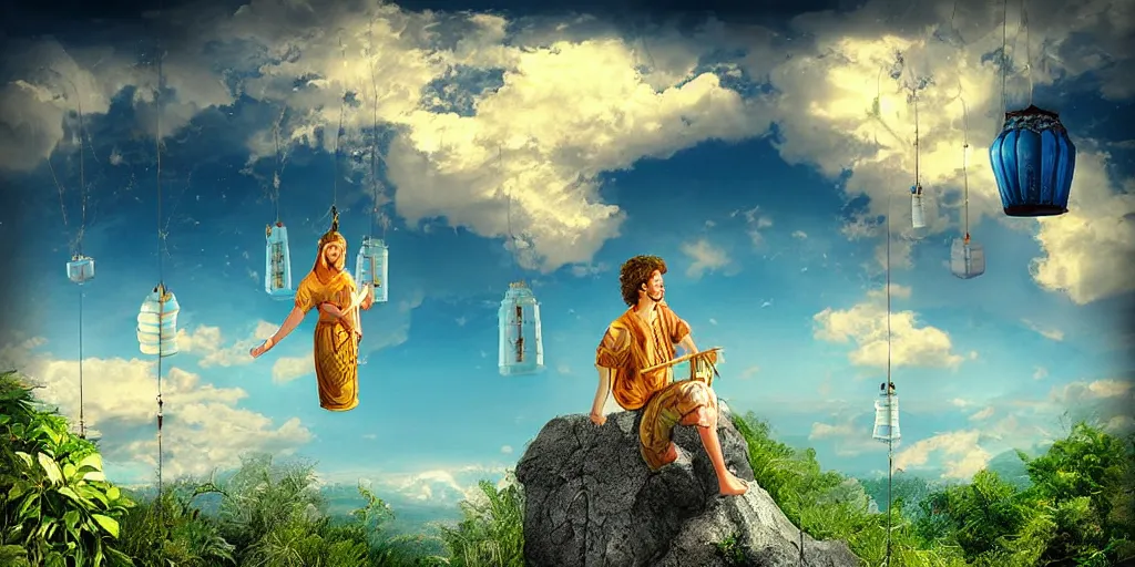 Image similar to wind deva enjoying the view from his stone heavenly palace, decorated with windchimes and paper lanterns, stunning nature and clouds in background, digital art