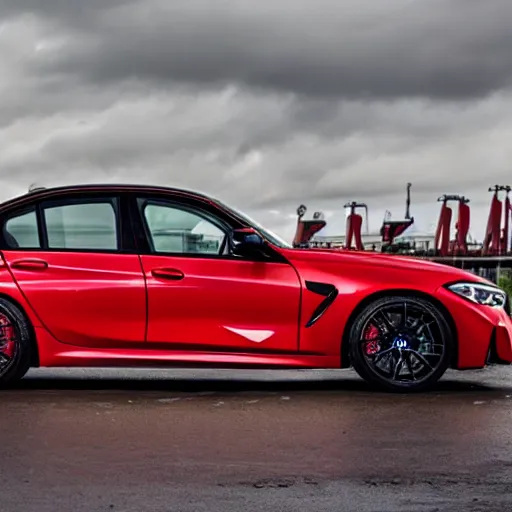 Prompt: red 2 0 2 2 bmw m 3 being stolen at the docks