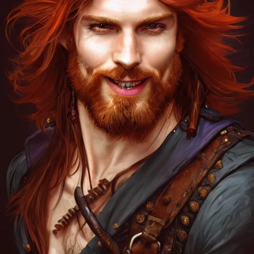 Image similar to portrait of a young ruggedly handsome but joyful pirate, male, masculine, upper body, red hair, long hair, d & d, fantasy, impish smirk, intricate, elegant, highly detailed, digital painting, artstation, concept art, matte, sharp focus, illustration, art by artgerm and greg rutkowski and alphonse mucha