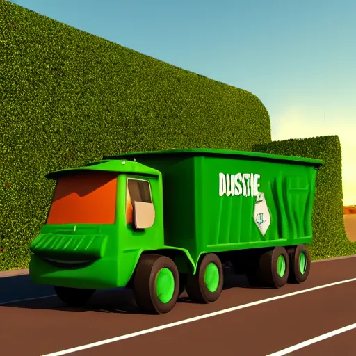 Image similar to garbage man mixed breed dog, green hat, green garbage truck, 3 d model, cartoony, pixar style, artstation, unreal engine, on the side of the road, sunrise, 4 k, ultra quality