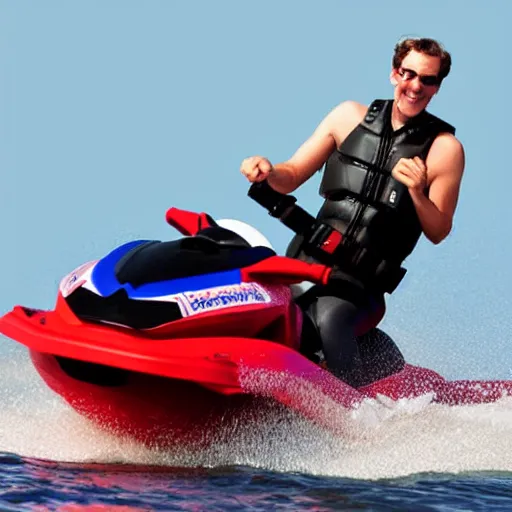 Image similar to (doctor Michael Morbius) riding a jet ski