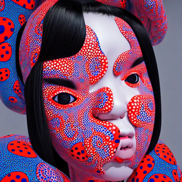 Image similar to hyperrealistic detailed image of a geisha laying in a art installation room, hd smooth interior by yayoi kusama, part by kei mieno, part by ross tran, dark art by james jean, ultra realistic, highly detailed, life like face, detailed body, 8 k, 3 d render by roger magrini, very cohesive, masterpiece